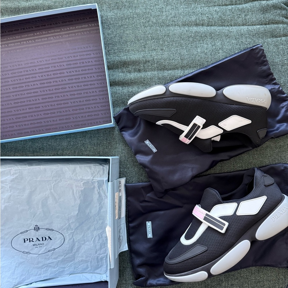 Prada Black and White Sneakers with Pink Detail